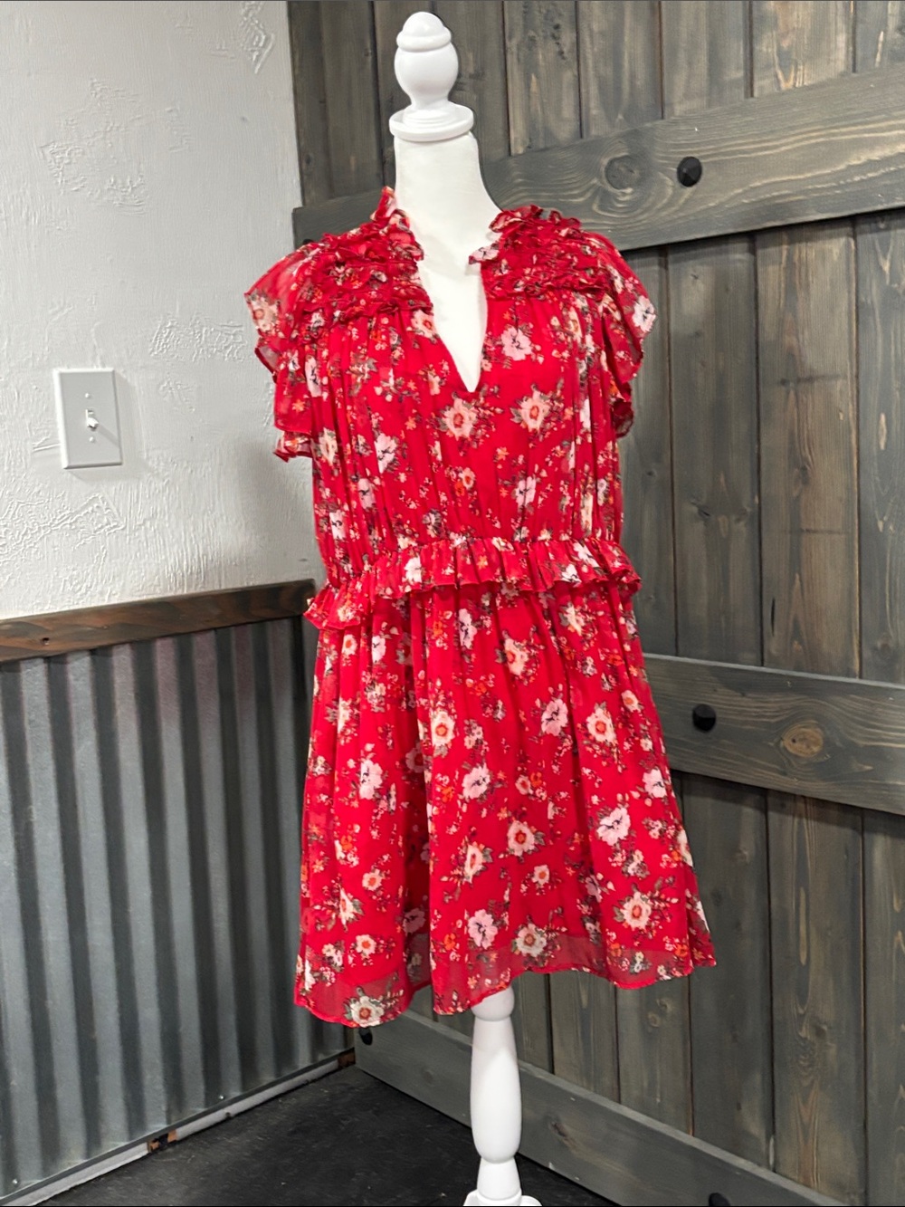Red Floral Ruffle Short Dress